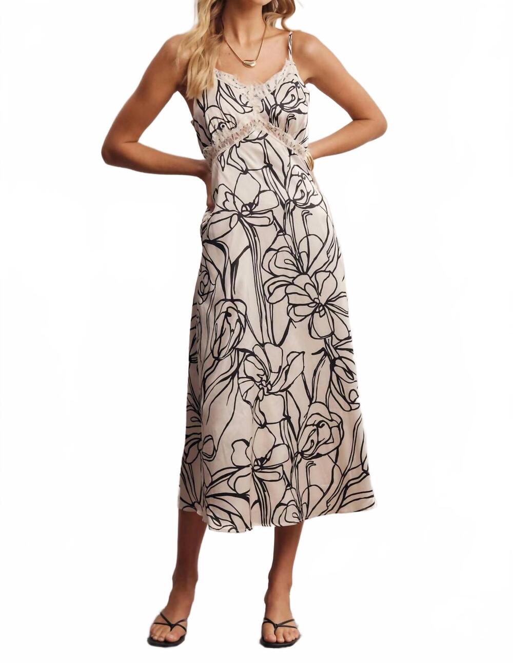 NEW FORTE lace trim floral satin midi dress in white/black
